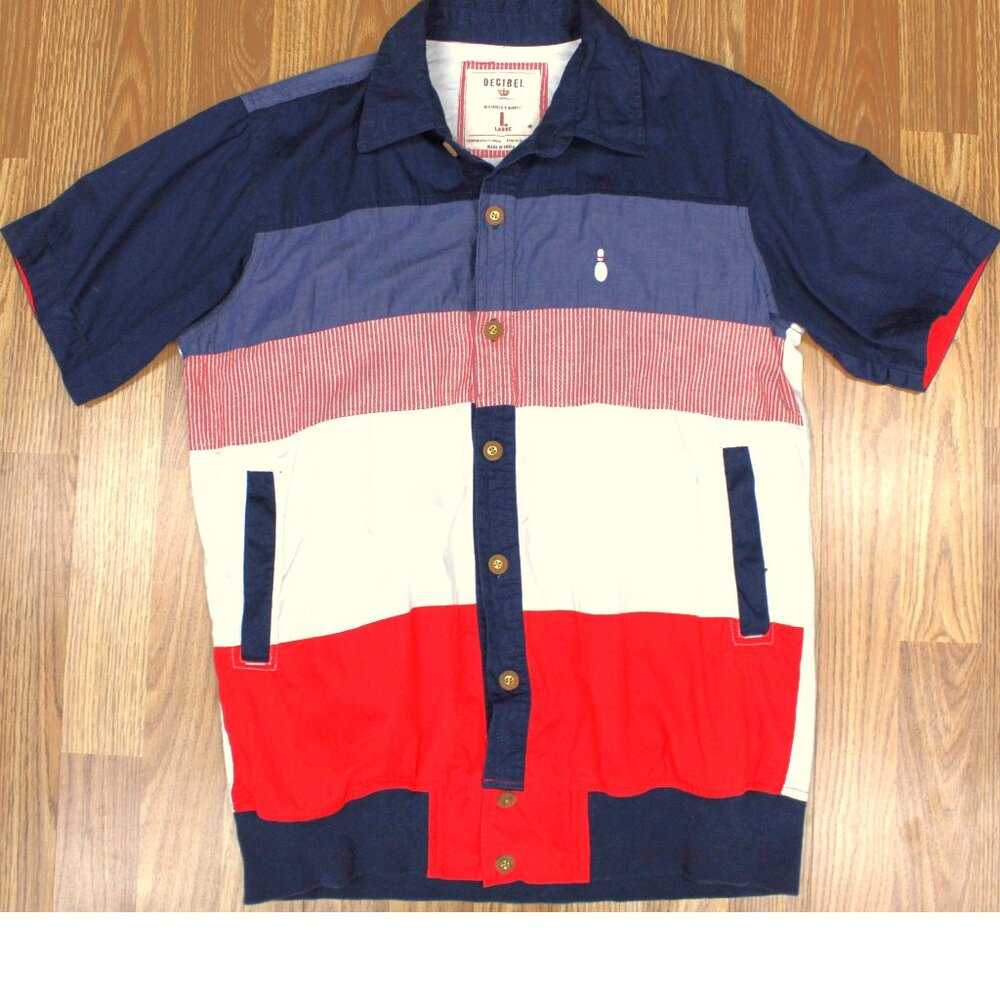 BOWLING PIN DECIBEL REGULAR FIT 100% COTTON NAVY, RED & WHITE Sz MEDIUM, M